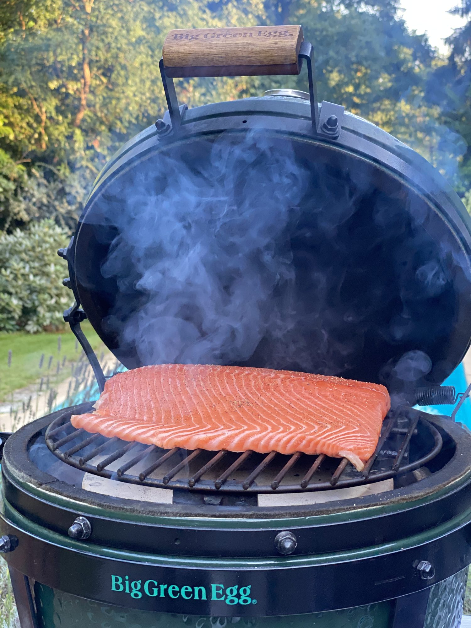 Zalmzijde gaart in de rook op de barbecue
